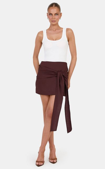 Showpo Emily Mini Skirt - Wrap Tie Mini Skirt in Dark Chocolate