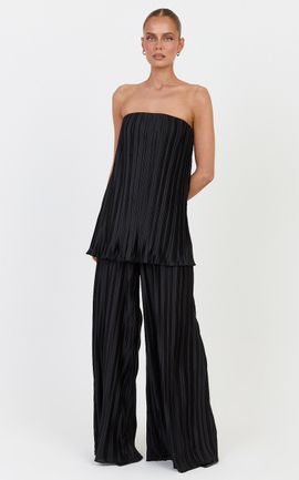 Showpo Evangeline Two Piece Top and Pants Set - Strapless Plisse Top & Pant Set in Black