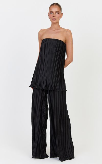 Showpo Evangeline Two Piece Top and Pants Set - Strapless Plisse Top & Pant Set in Black