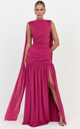 Showpo Evelyn Maxi Dress - Ruched Boat Neck Dress With Cape And Leg Split in Rose