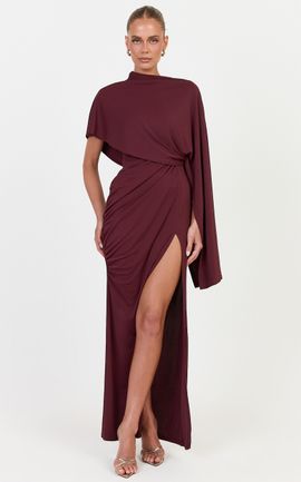 Showpo Everly Maxi Dress - Asymmetrical Draped Dress in Plum