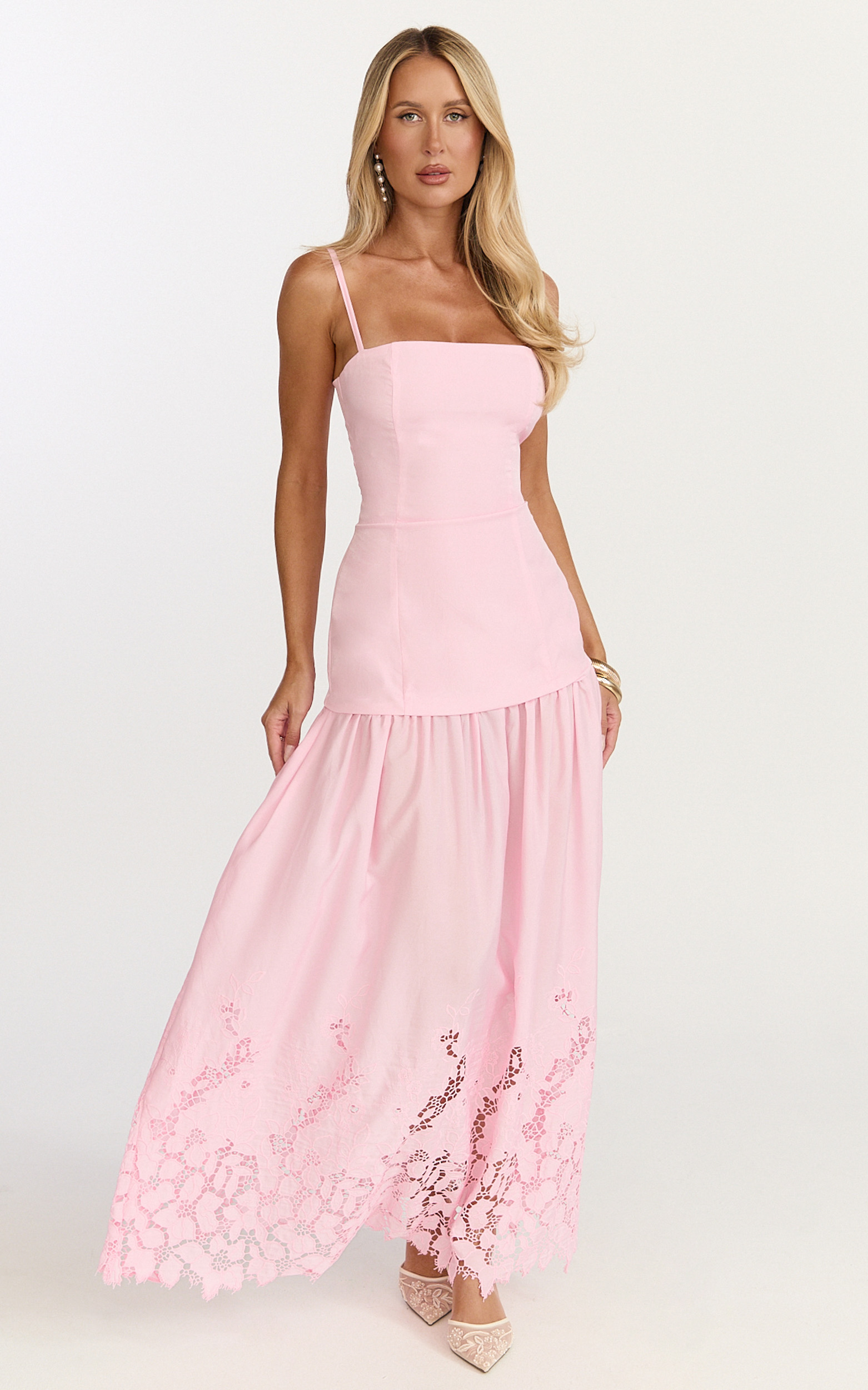 Showpo Everly Maxi Dress - Straight Neck Broderie Cut Out Hem Dress in Pink