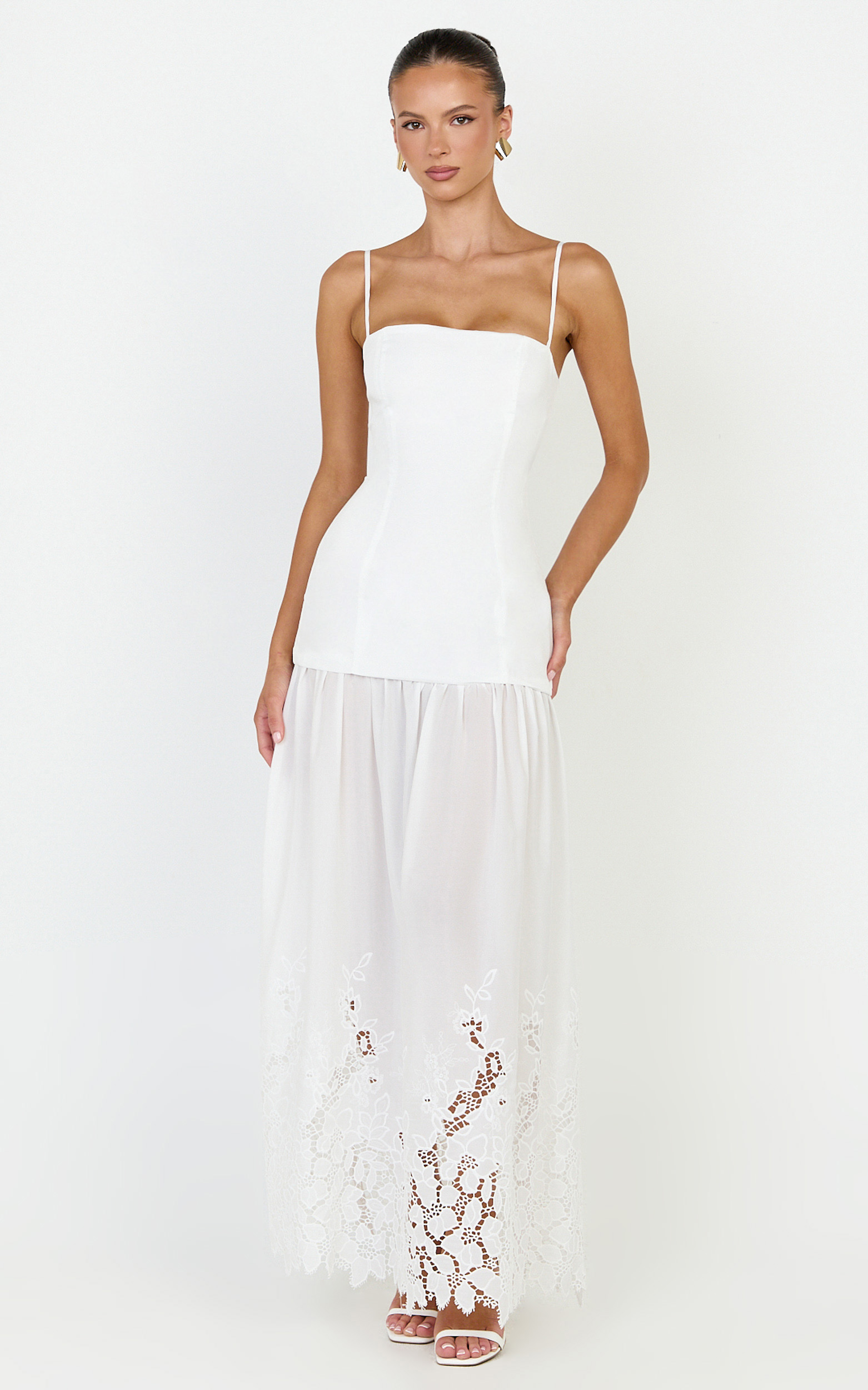 Showpo Everly Maxi Dress - Straight Neck Broderie Cut Out Hem Dress in White