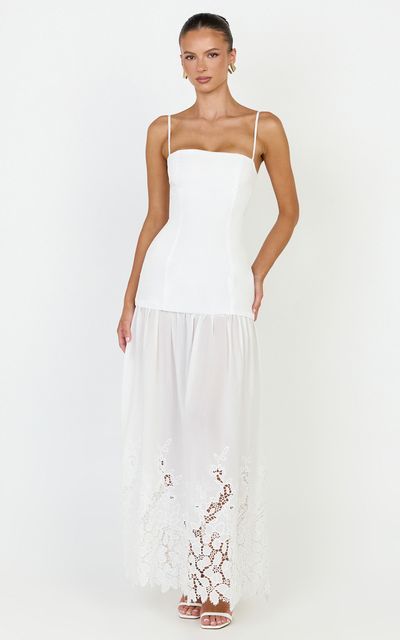 Showpo Everly Maxi Dress - Straight Neck Broderie Cut Out Hem Dress in White