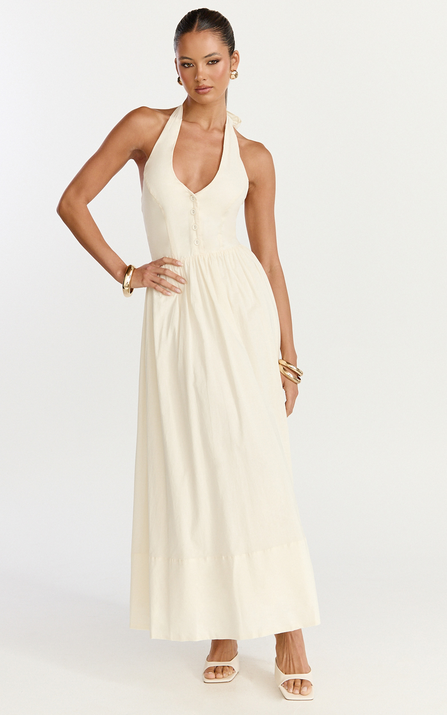 Showpo Everly Midi Dress - Tie Halter Neck Button Down Bodice Fit And Flare Dress in Cream