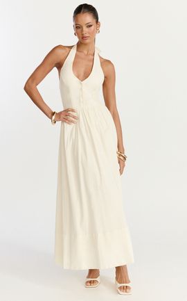 Showpo Everly Midi Dress - Tie Halter Neck Button Down Bodice Fit And Flare Dress in Cream