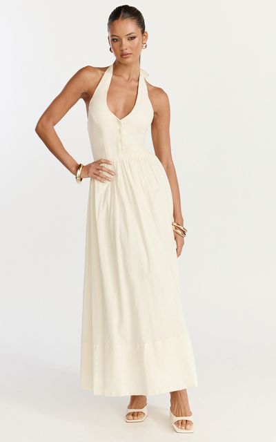 Showpo Everly Midi Dress - Tie Halter Neck Button Down Bodice Fit And Flare Dress in Cream