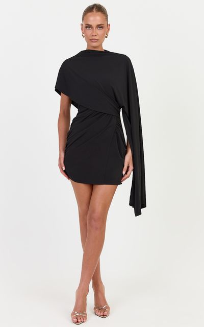 Showpo Everly Mini Dress - Asymmetrical Draped Dress in Black