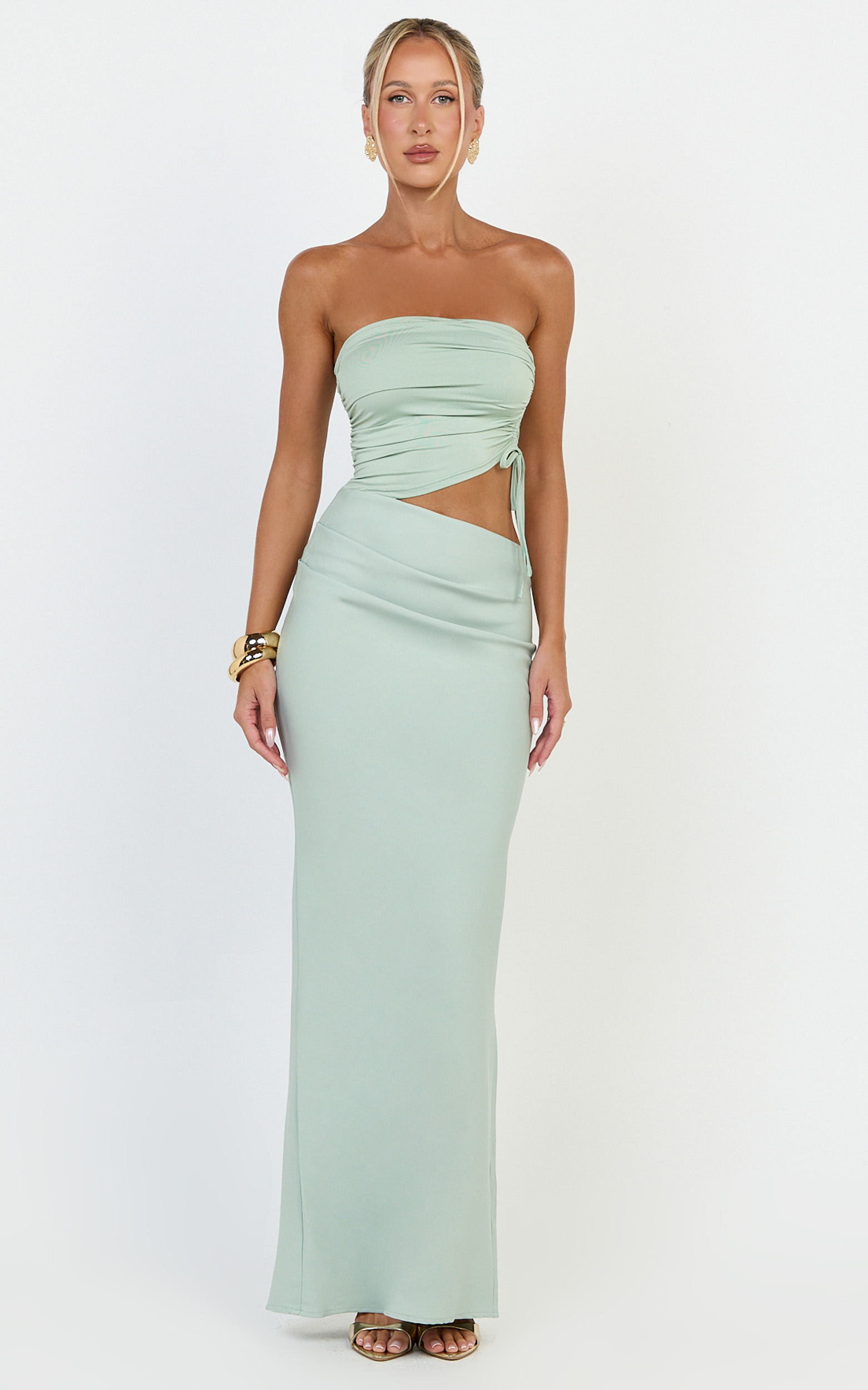 Showpo Fergie Maxi Dress - Strapless Side Ruched Cut Out Fitted Dress in Sage