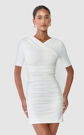 Showpo Fleur Mini Dress - V Neck Gathered Fitted Dress in Off White