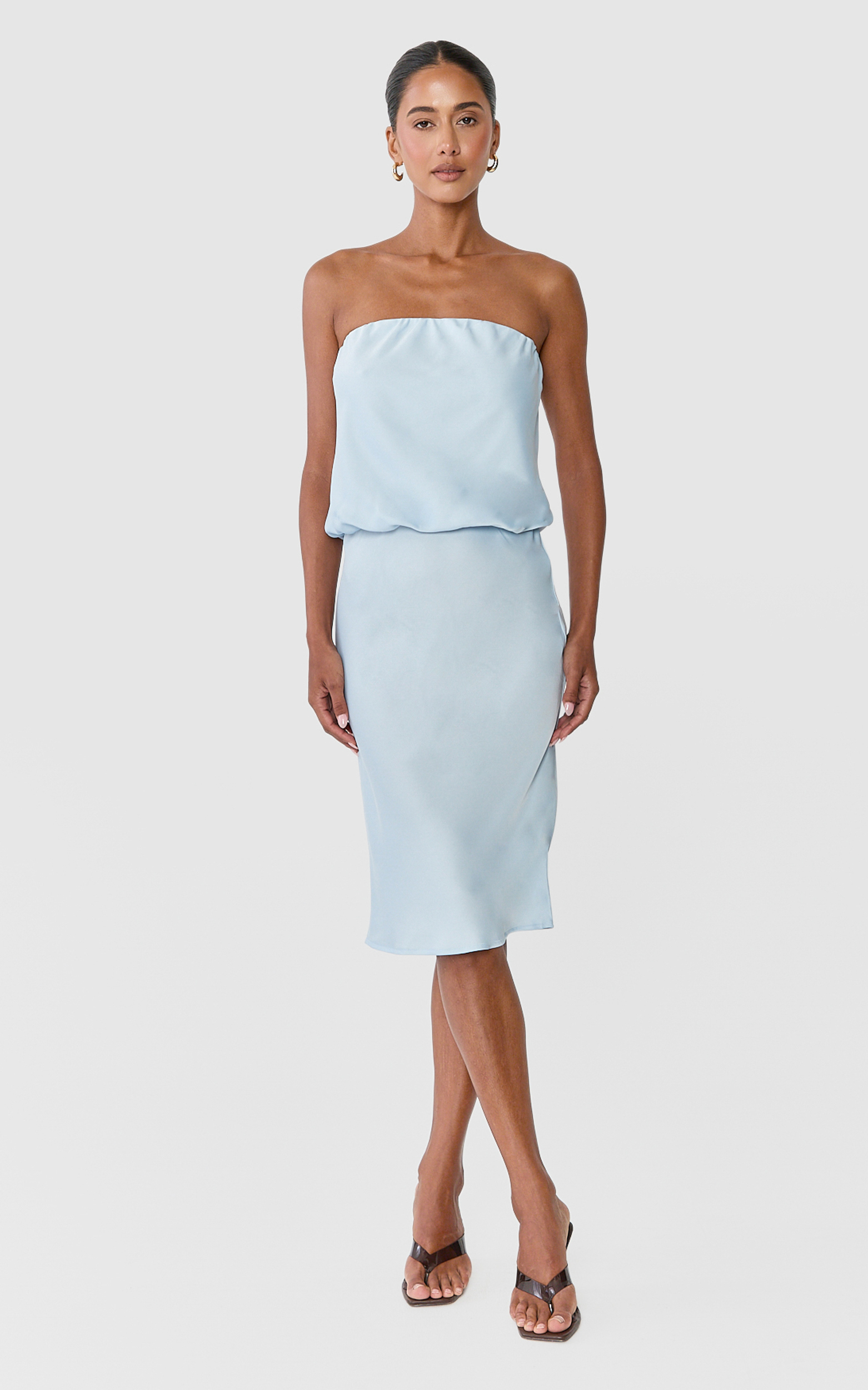 Showpo Floriane Midi Dress - Strapless Drop Waist Dress in Light Blue