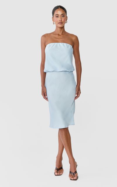 Showpo Floriane Midi Dress - Strapless Drop Waist Dress in Light Blue