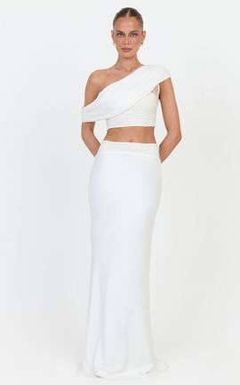 Showpo Genevieve Two Piece Set - Off Shoulder Draped Top And Satin Maxi Skirt Set With Lace Trim in Ivory