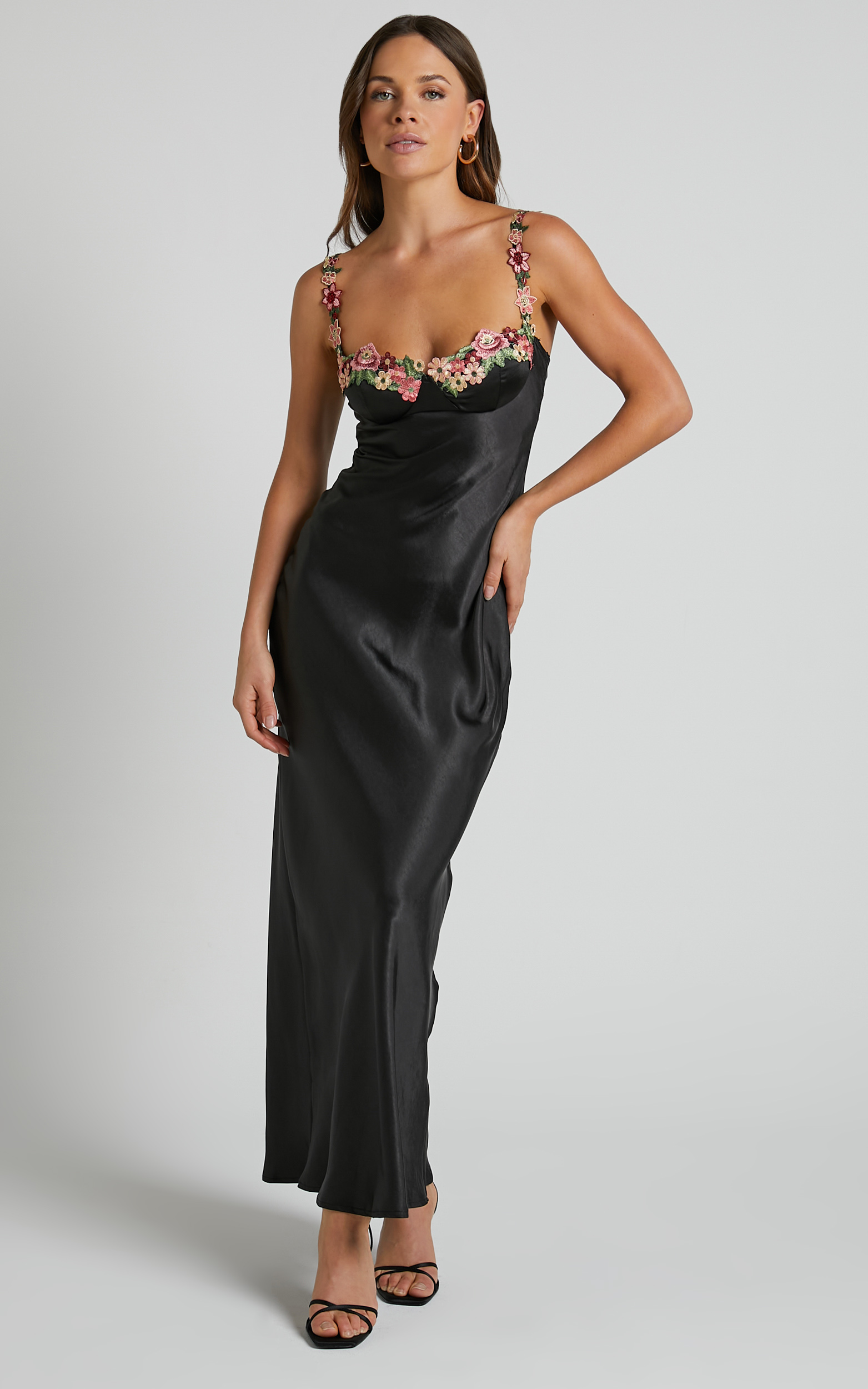 Showpo Harmony Maxi Dress - Floral Detail Cup Bust Satin Dress in Black