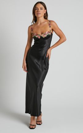 Showpo Harmony Maxi Dress - Floral Detail Cup Bust Satin Dress in Black