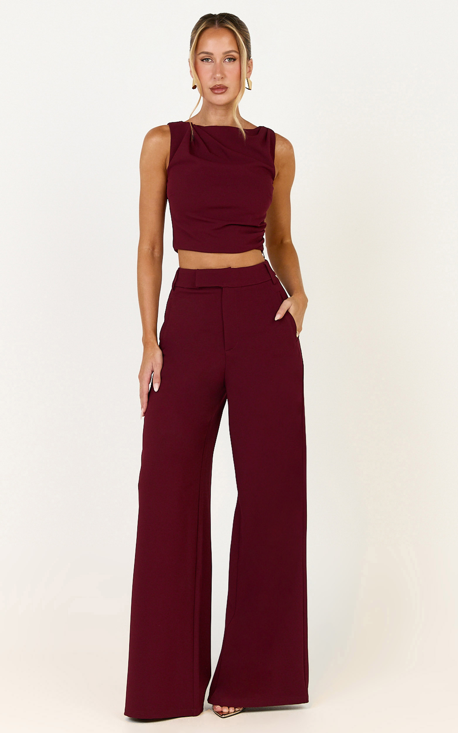 Showpo Helen Two Piece Set - Crepe Twisted Top And Wide Leg Pants in Wine