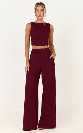 Showpo Helen Two Piece Set - Crepe Twisted Top And Wide Leg Pants in Wine
