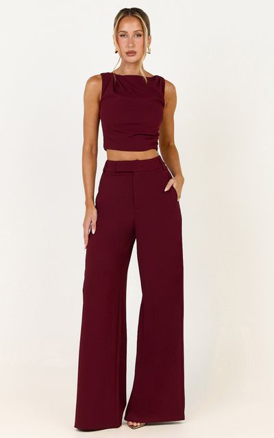 Showpo Helen Two Piece Set - Crepe Twisted Top And Wide Leg Pants in Wine
