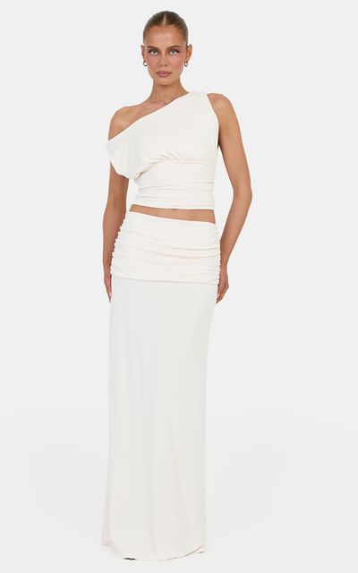 Showpo Helena Two Piece Top and Skirt Set - Tipped Shoulder Top and Skirt Set in Off-White