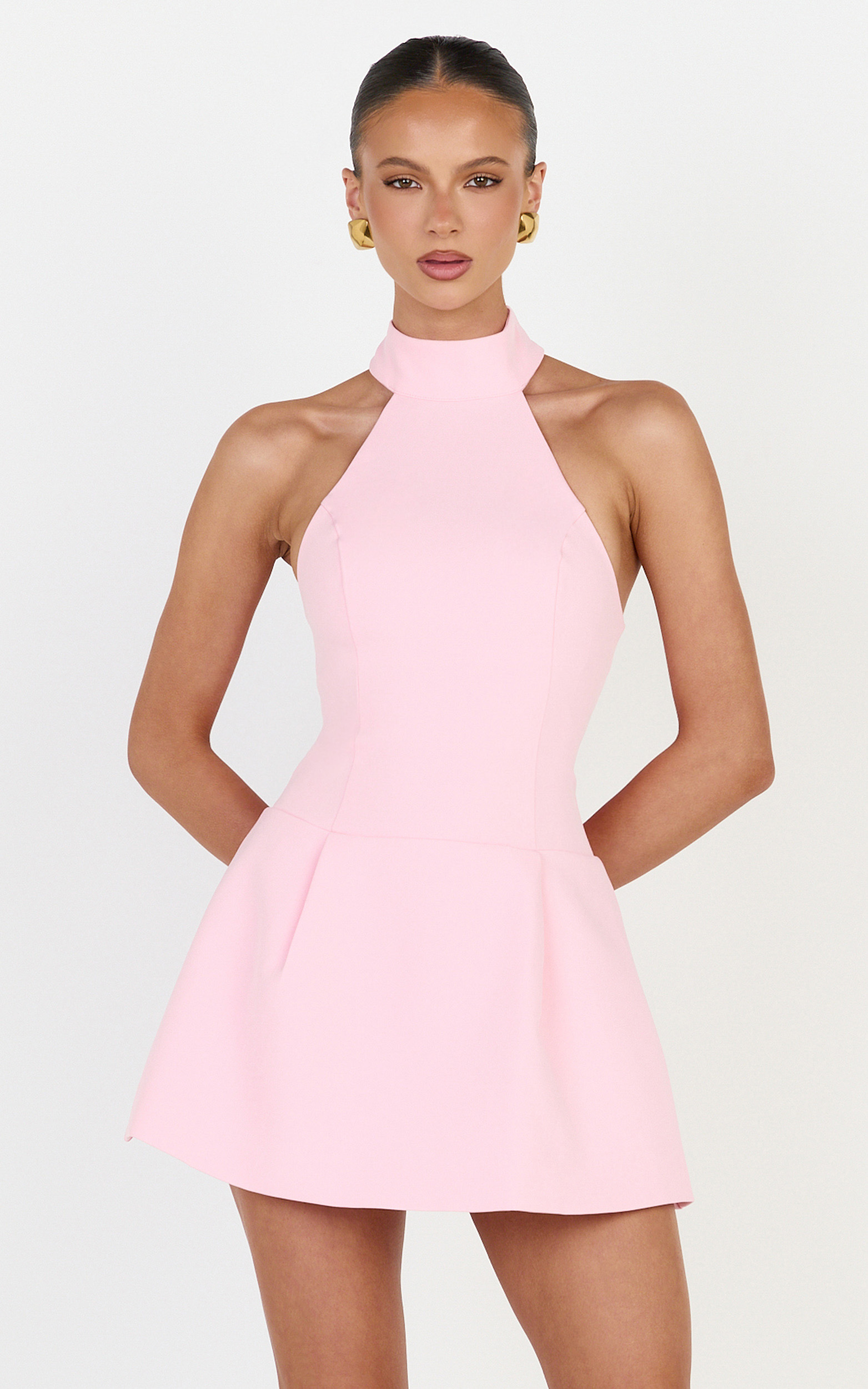 Showpo Helia Mini Dress - High Halter Neck Scarf Detail A Line Dress in Pink