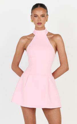 Showpo Helia Mini Dress - High Halter Neck Scarf Detail A Line Dress in Pink