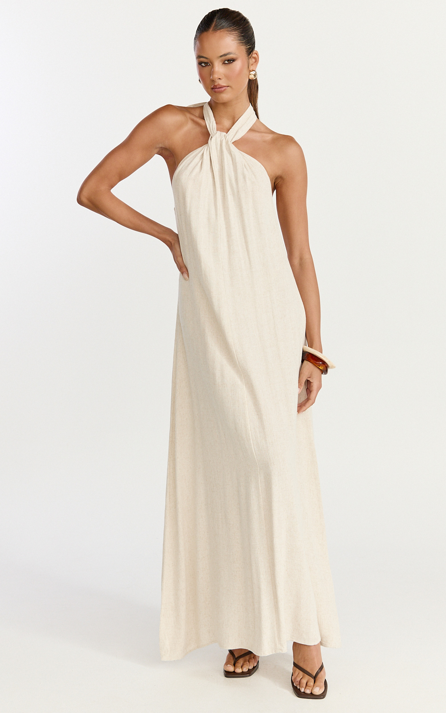 Showpo Hilda Maxi Dress - Knot Detail Halter Neck Maxi Dress in Natural