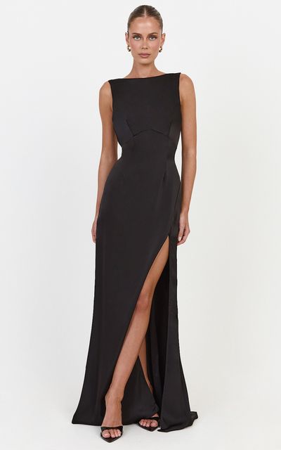 Showpo Hope Maxi Dress - Boat Neck Dress With Open Back And Leg Split in Black