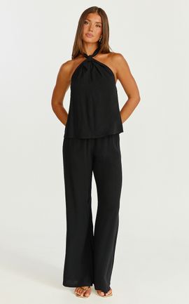 Showpo Ingrid Two Piece Set - Knot Detail Halter Neck Top and Wide Leg Pants Set in Black