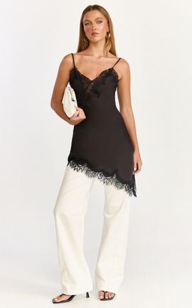 Showpo Iris Mini Dress - Lace Trim Asymmetrical Camisole Dress in Black