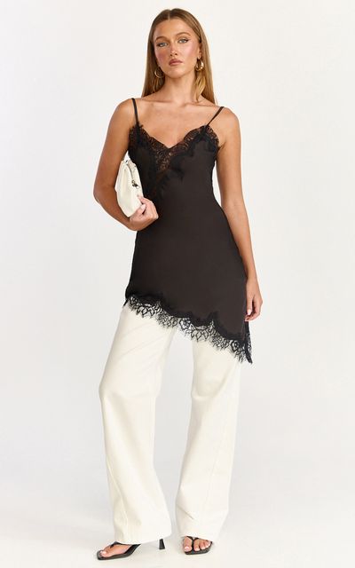 Showpo Iris Mini Dress - Lace Trim Asymmetrical Camisole Dress in Black