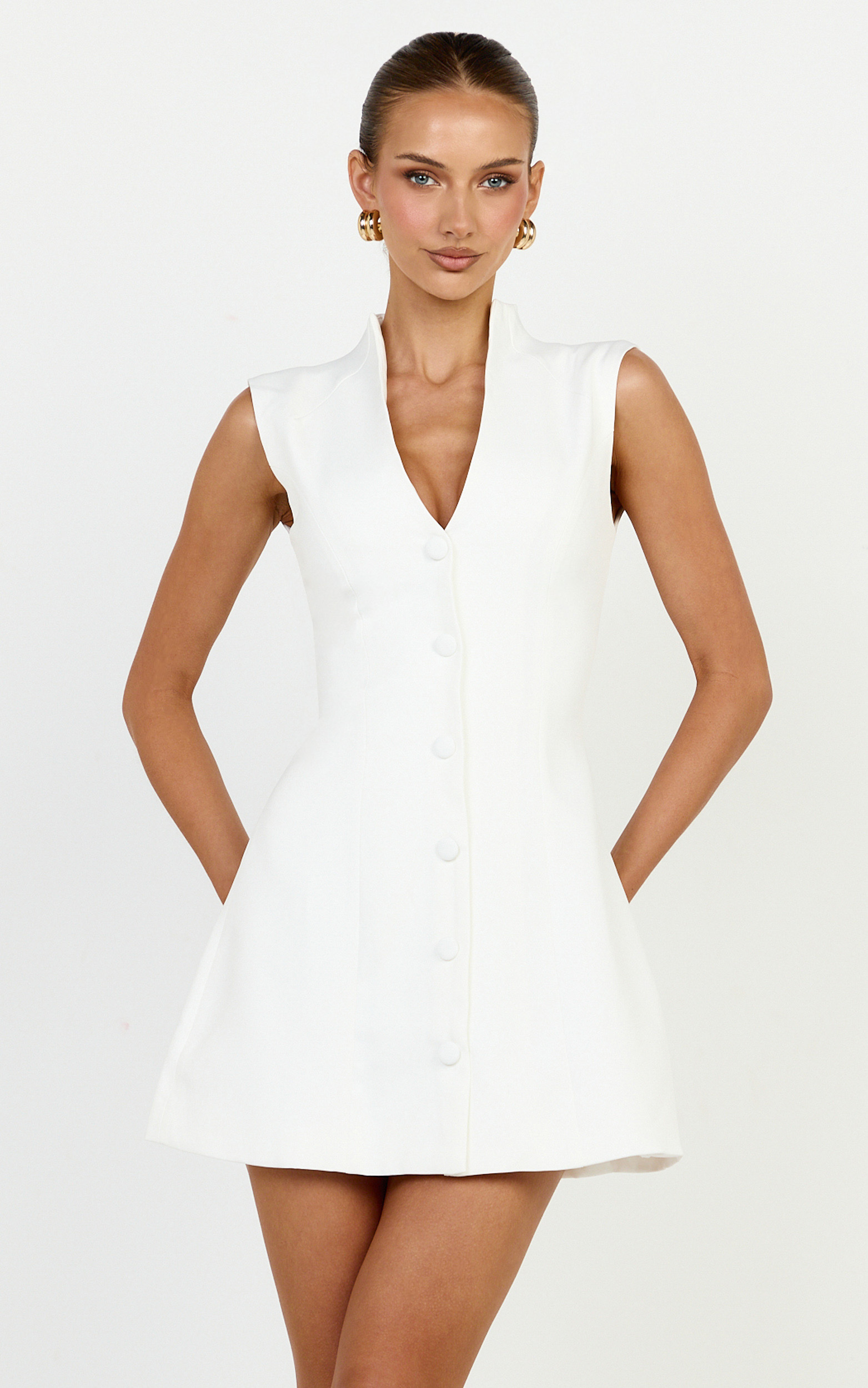 Showpo Jacinta Mini Dress - Sleeveless Button Front Tulip Dress in Off White
