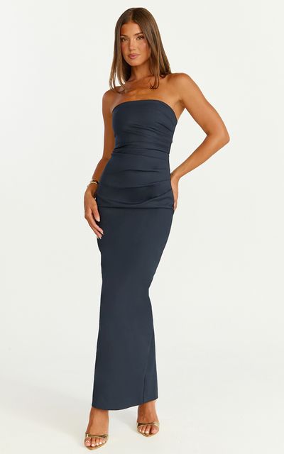 Showpo Jamie Maxi Dress - Strapless Ruched Fitted Column Dress in Navy