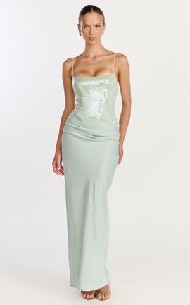 Showpo Jasmin Maxi Dress - Sequin Overlay Dress in Sage