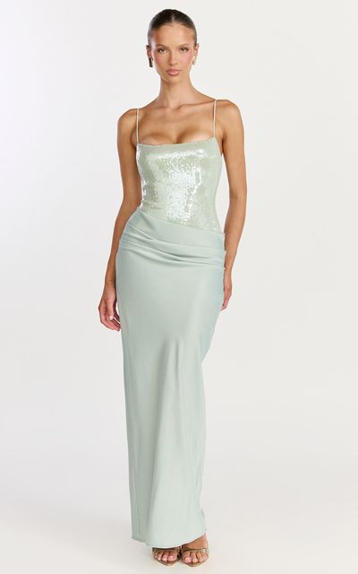 Showpo Jasmin Maxi Dress - Sequin Overlay Dress in Sage