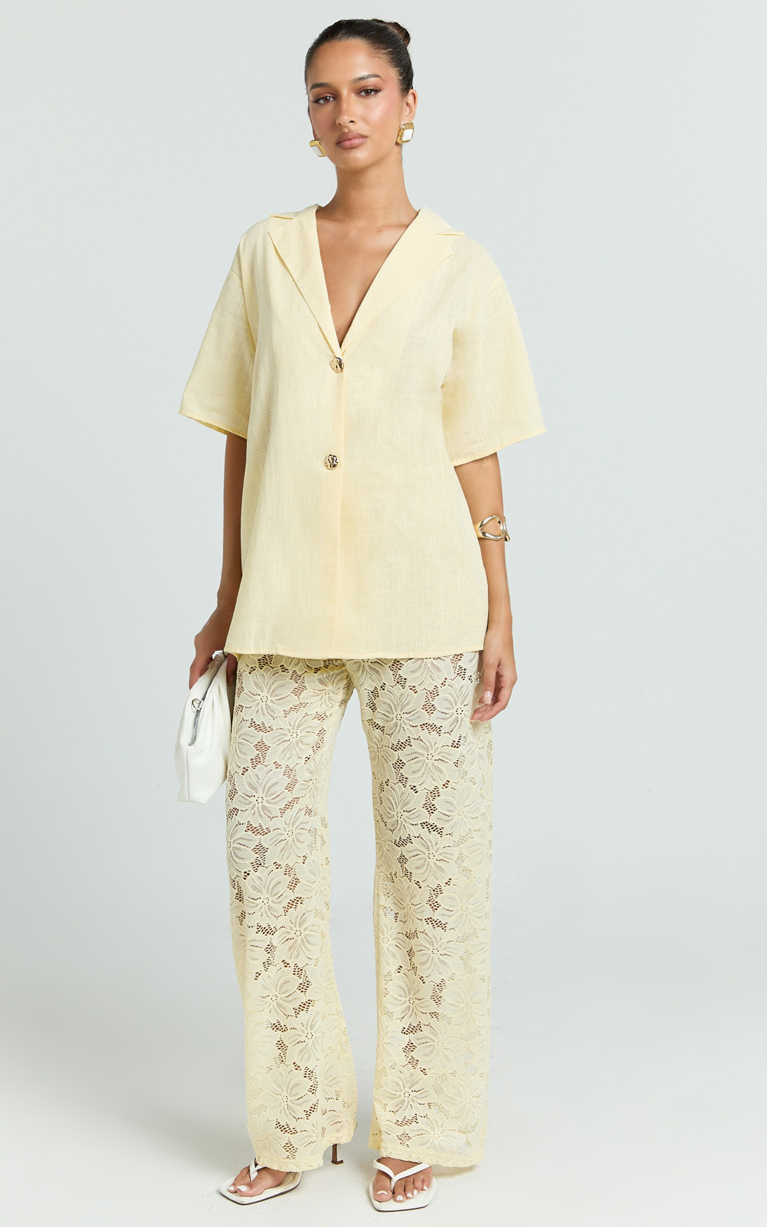 Showpo Jemma Two Piece Set - Relaxed Shirt and Lace Pants Set in Butter Yellow