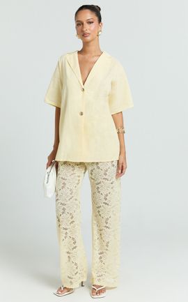 Showpo Jemma Two Piece Set - Relaxed Shirt and Lace Pants Set in Butter Yellow