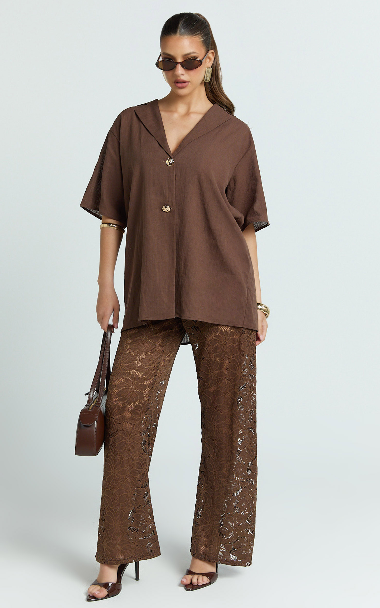 Showpo Jemma Two Piece Set - Relaxed Shirt and Lace Pants Set in Choc