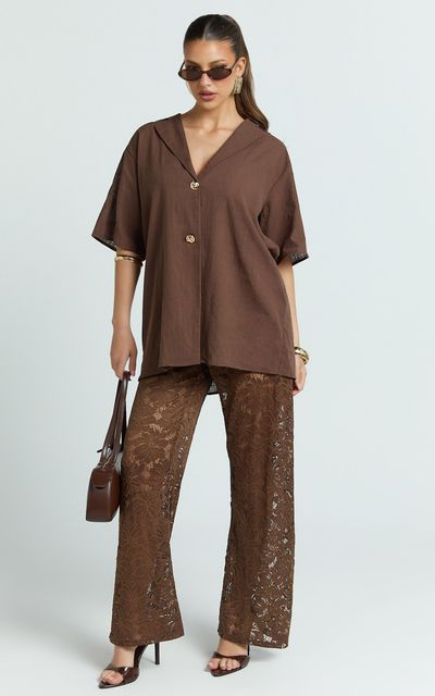 Showpo Jemma Two Piece Set - Relaxed Shirt and Lace Pants Set in Choc