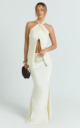 Showpo Jenna Maxi Skirt - Mid Waisted Satin Maxi Skirt in Oyster