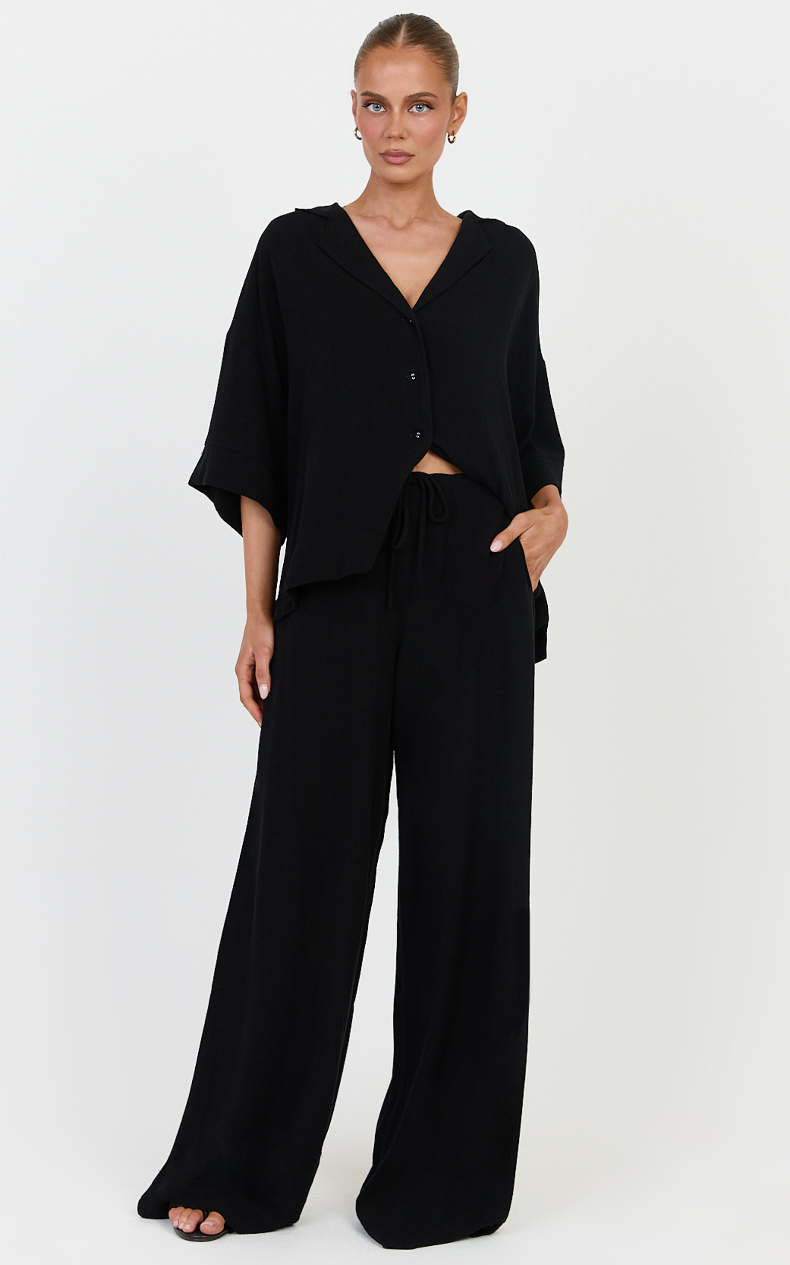 Showpo Jenna Two Piece Top and Pants Set - Linen Blend Button Through Shirt and Drawstring Pants Set in Black