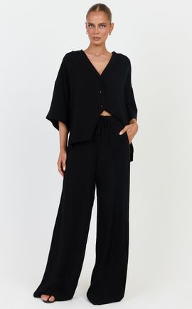 Showpo Jenna Two Piece Top and Pants Set - Linen Blend Button Through Shirt and Drawstring Pants Set in Black