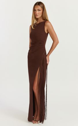 Showpo Joanne Maxi Dress - Scoop Neck Fringe Dress in Chocolate