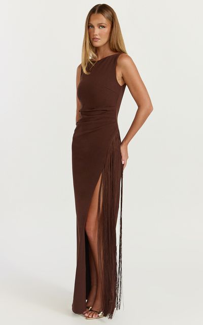 Showpo Joanne Maxi Dress - Scoop Neck Fringe Dress in Chocolate