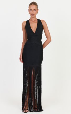 Showpo Josephine Maxi Dress - Halter Bandage Dress With Fringe Skirt in Black