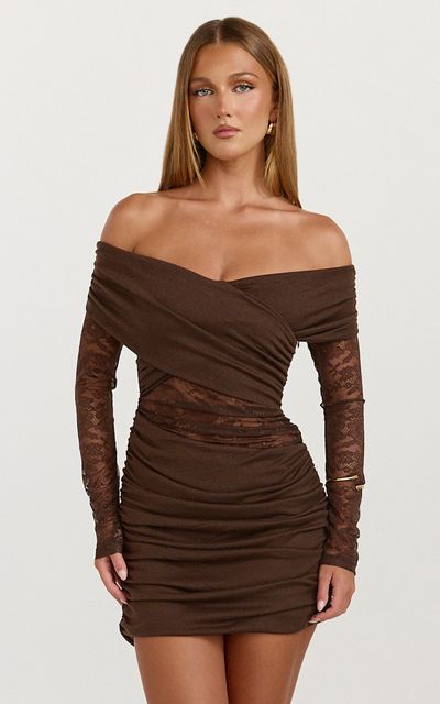 Showpo Juliet Mini Dress - Off Shoulder Lace Contrast Bodycon Dress in Choc