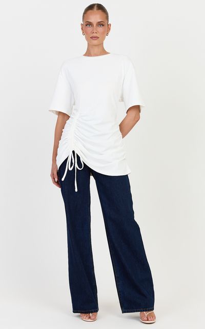 Showpo June Top - Longline T Shirt With Ruched Detail in Ivory
