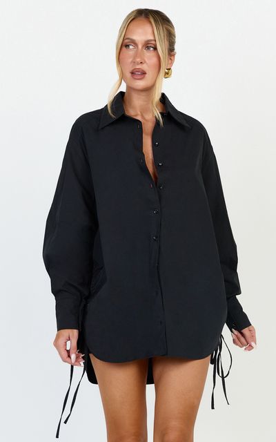Showpo Kalpena Shirt - Ruched Side Oversized Shirt in Black
