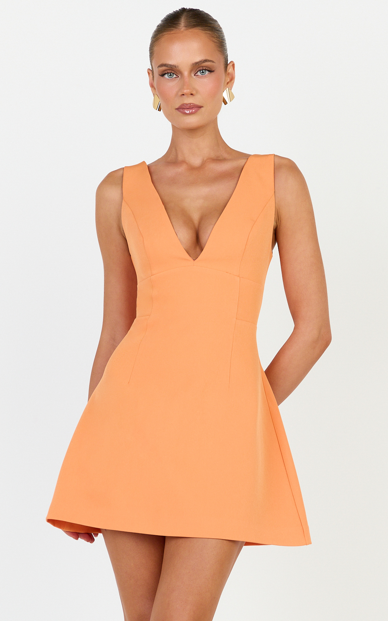 Showpo Karissa Mini Dress - V Neck Fit And Flare Dress in Orange