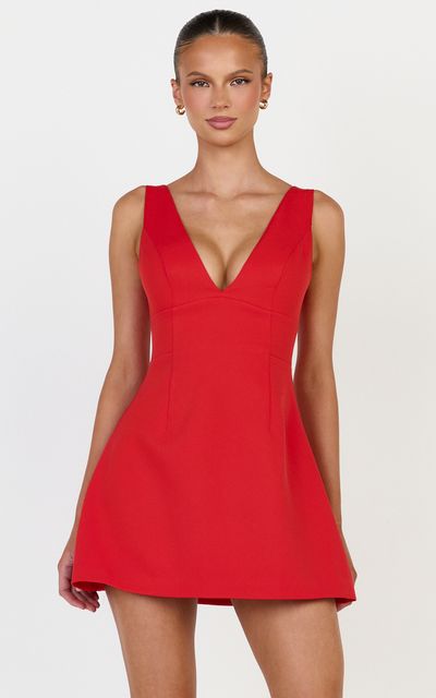 Showpo Karissa Mini Dress - V Neck Fit And Flare Dress in Red