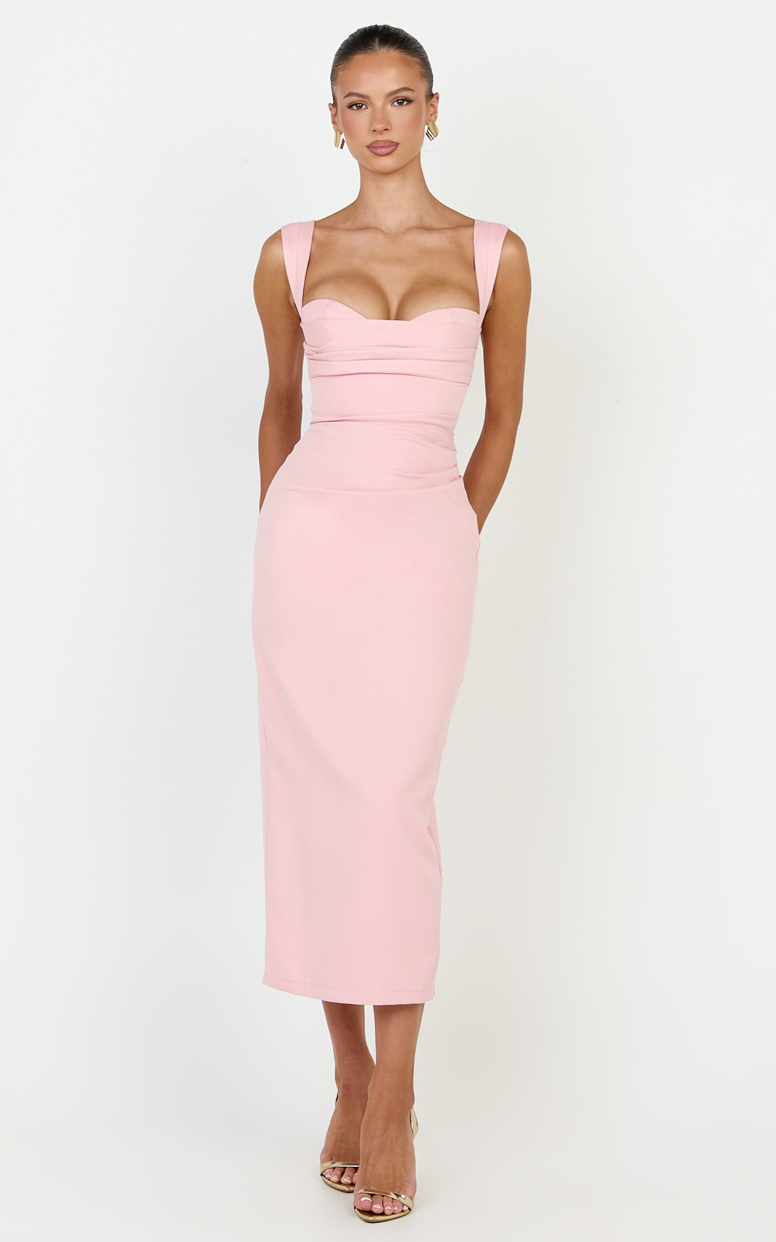 Showpo Kenna Midi Dress - Gathered Bust Tucked Waist Dress in Pink